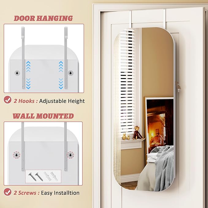 LVSOMT Round Mirror Jewelry Cabinet Door Hang, Jewelry Armoire with Mirror Wall Mounted, Hanging Mirror Jewelry Organizer, Full Length Mirror with Jewelry Storage, White