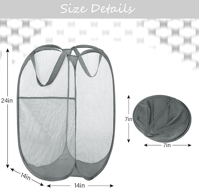 Deluxe Strong Mesh Pop up Laundry Hamper Basket with Side Pocket for Laundry Room, Bathroom, Kids Room, College Dorm or Travel Grey