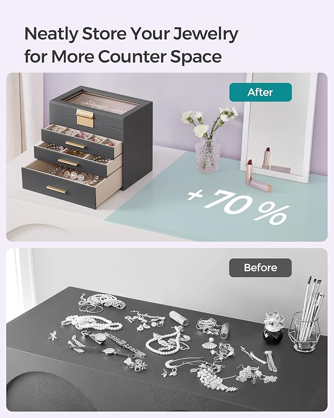 SONGMICS Jewelry Box Organizer with Glass Lid, 4-Layer Jewelry Storage, with 3 Drawers, Modern Style, Christmas Gift, 6 x 9.9 x 8.5 Inches, Gray and Gold Color UJBC161C01