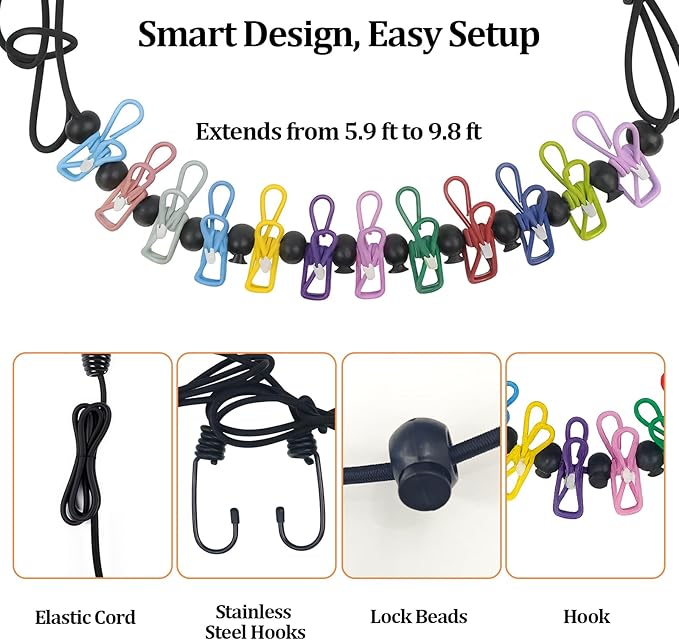 Travel Clothesline Retractable Portable Clothesline with 12 Clips Portable Elastic Camping Clothes Line with Anti-Slip Beads & Stainless Hooks for Hotel, RV, Boat, Outdoor Use (1 Pack)