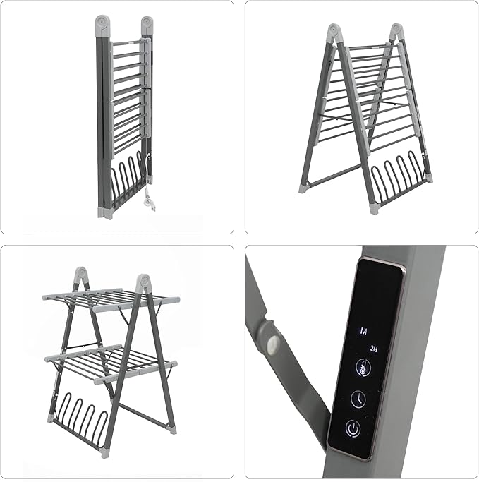 Electric Heated Clothes Drying Rack,Foldable Heated Garment Dryer with Timer Shut-Off Laundry Rack for Clothes Shoes Socks,Aluminum Alloy,Space Gray,Plug & Play,(39.37x25.98x23.82in)
