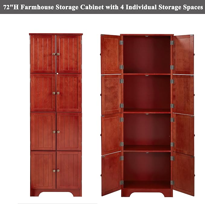 72" Tall Farmhouse Storage Cabinet, 4 Tier Kitchen Pantry Cabinet with 4 Shelves & 8 Doors, Freestanding Floor Storage Cabinet Wooden Organizer Bookcase for Living Room, Kitchen (Cherry)