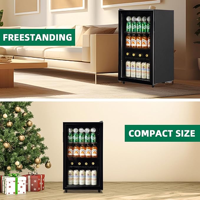WANAI Mini Fridge Glass Door 120 Cans Beverage Refrigerator Small Wine Cooler Clear Front Drinks Fridge for Soda Beer Bar Home Office with 7 Thermostat LED Lights
