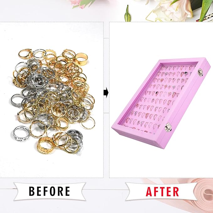 Velvet Ring Display Tray Organizer Box with Transparent Lid, 100 Slot Ring Holder Showcase For Store Display Jewelry Show Home, Pink
