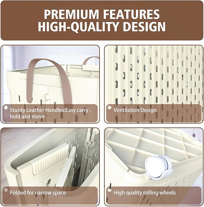 UAK Laundry Basket with Wheels, Collapsible Plastic Laundry Hamper with Handle, Foldable Laundry Basket Organizer for Laundry and Bathroom (Ivory, XXXL)