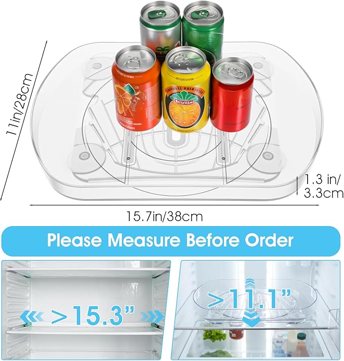 Lazy Susan Turntable for Refrigerator, 15"x11" Rotating Spice Rack Organizer 360°Clear PET Organizer Storage Tray Cabinet, Pantry Countertop with Suction Cups Large Rectangular Fridge Shelf