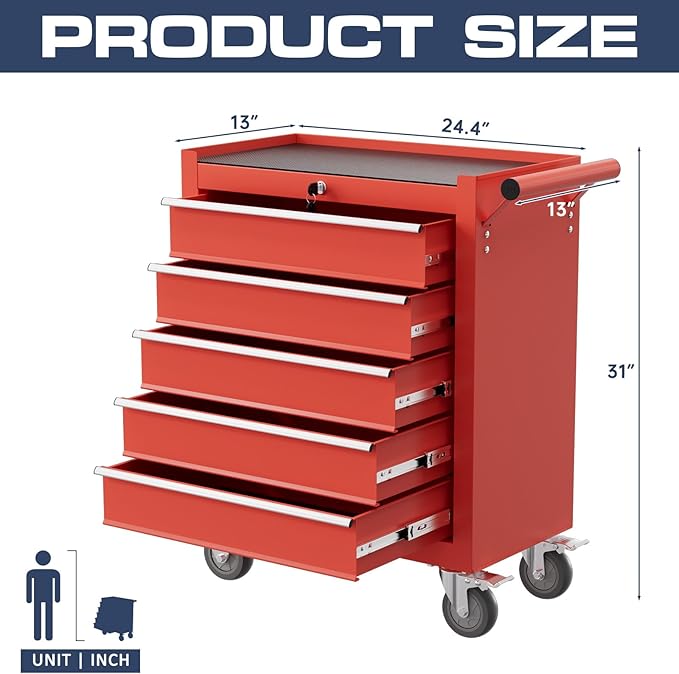 5-Drawer Tool Chest,Rolling Tool Cart with Wheels,High Capacity Tool Cabinet with Locking System for Garage, Warehouse, Workshop-Red