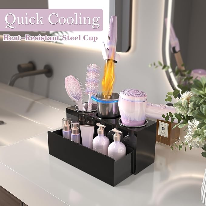 Hair Tool Organizer, Acrylic Hot Hair Styling Tool Organizer with 3 Cups, Hair Dryer Holder for Bathroom Organization Bedroom Vanity Countertop Caddy Storage Curling Iron Stand (Glossy Black)