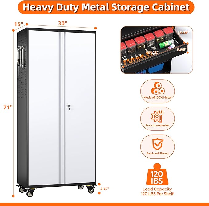 Aobabo Garage Storage Cabinet with Wheels and 1 Interior Drawer, 71"H Metal Rolling Tool Cabinet with 16 Hooks and 2 Adjustable Shelves for Garage, Home, Office, Kitchen, Assembly Required, Black Gray