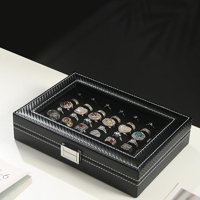 Byken Carbon Fiber Ring Organizer for Jewelry,Rings Display Case,Small Travel Jewelry Box,49 Slots Cufflink Storage Tray with Glass Lid,Black