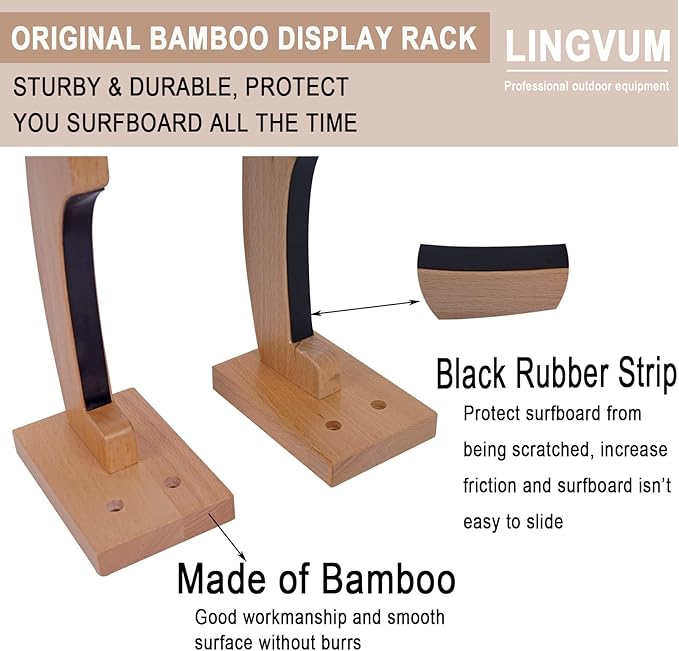 Surfboard Wall Mount Racks Sturdy Surf Board Wall Hangers Suitable for Longboards/Shortboards/Skateboards/Snowboards/Skiing Boards, Works Indoors and Outdoors, Bamboo