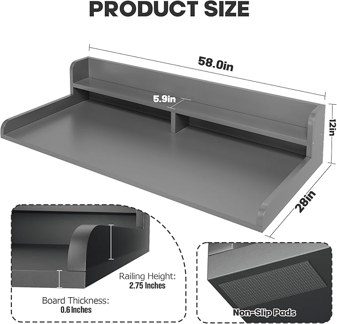 2-Tier Washer Dryer Countertop with 2.75" H Edge Rails, 58" W x 28" D Laundry Countertop for Folding Clothes, Washer and Dryer Topper with Non-Slip Pad (Gray)
