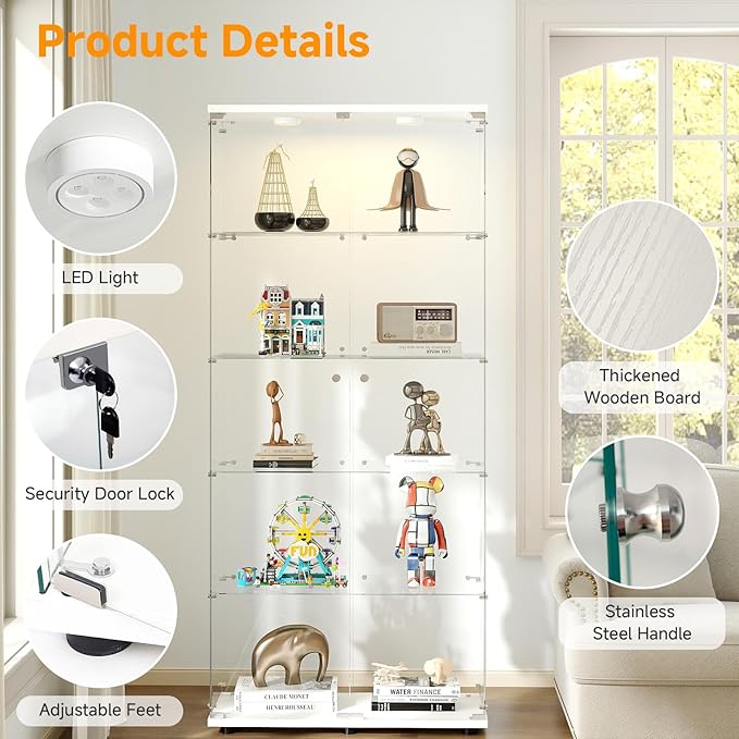 5-Tier Tempered Glass Display Cabinet with Lights, Curio Cabinet with Glass Doors and Lock, Glass Display Case for Collectibles, for Living Room Bedroom Office, Double Door, White
