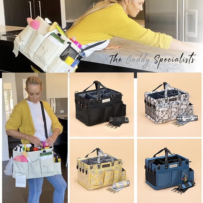 FifthStart Professional Cleaning Caddy - Heavy-Duty Organizer Tote with Adjustable Compartments, Mesh Base, 9 Pockets & Shoulder Strap for Cleaning Supplies (Blue Check, LArge)