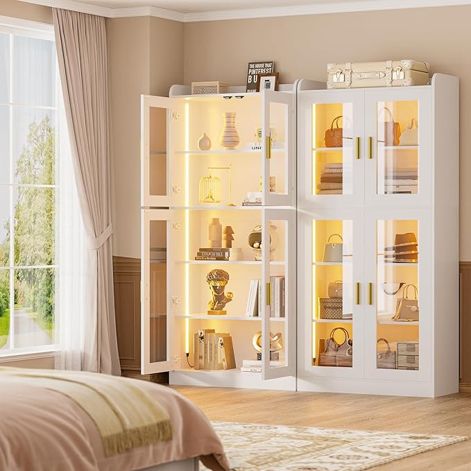 Unikito Display Cabinet with Glass Doors, 67" Tall Bookcase with LED Lights, Glass Display Case with 5-Tier Storage Shelves, Curio Cabinet for Collectibles Bedroom Living Room Office, White Bookshelf