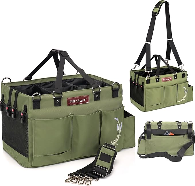FifthStart Cleaning Caddy Bag for Professionals - Heavy-Duty Organizer with Shoulder Strap, 9 Pockets, Washable Mesh Base & Adjustable Compartments for Cleaning Supplies (Green, Large)