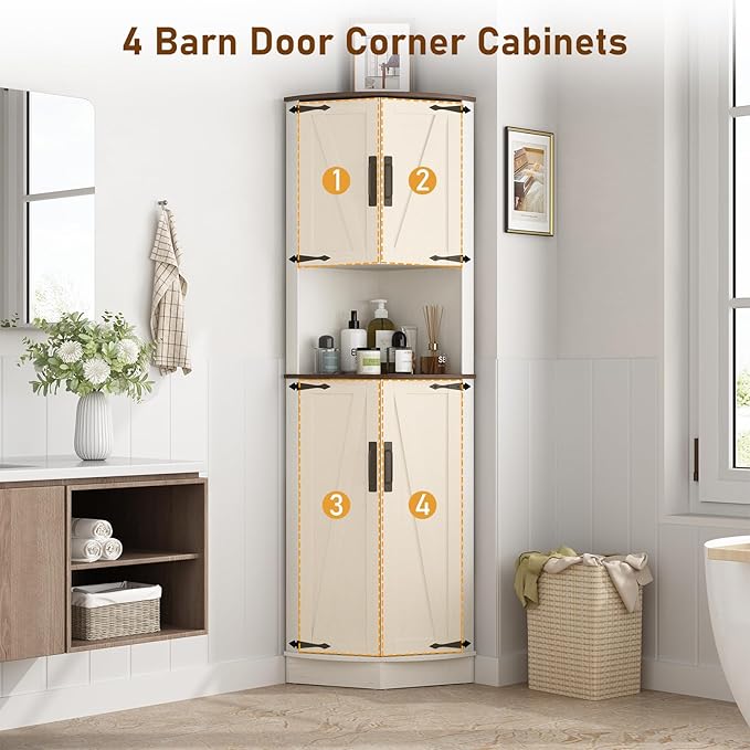 68" Tall Farmhouse Corner Cabinet, Dining Room Storage Cabinet with 4 Barn Doors and 5 Level Storage with Adjustable Shelves, for Kitchen, Living Room, Laundry Room, Rustic White