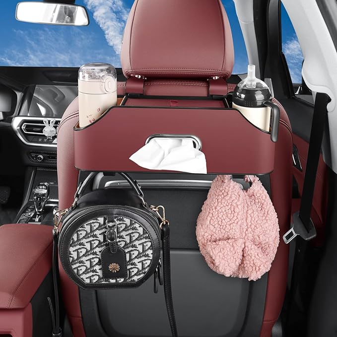 Car Seat Back Organizer - Stylish & Functional Storage for Family Adventures - Cup Holders, Tissue Box & Hooks - Perfect for Kids, Road Trips & Travel (Red)