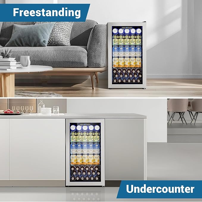 Mini Beverage Refrigerator 3.2 Cu. Ft Small Fridge 126 Can Lockable Drink Cooler with Glass Door, Safety Lock, For Beer Soda, Silver