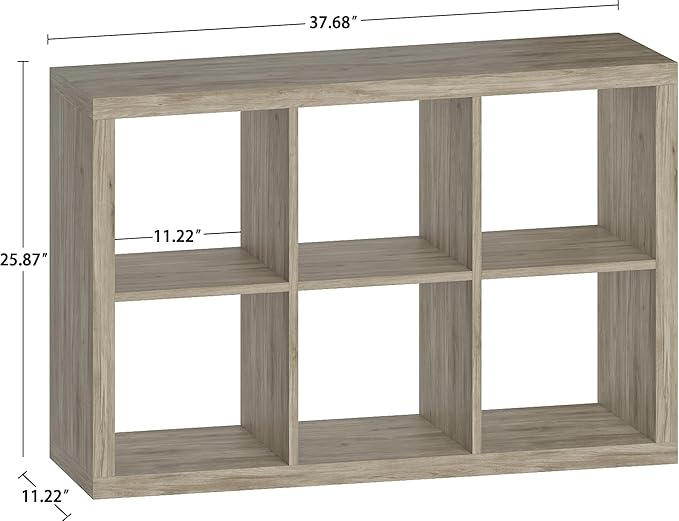 Bookshelf Cube Storage Organizer, 6-Cube Shelf Bookcase with Storage Bin, Modern Wood Open Shelf for Living Room, Bedroom, Home Office,Gray Oak
