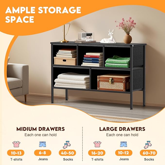 Curved Profile Dresser for Bedroom, Chest of Drawers, 5 Storage Drawers Organizer Unit, Black Dresser with Fabric Bins for Closet, Living Room, Kid Room (Charcoal Black)