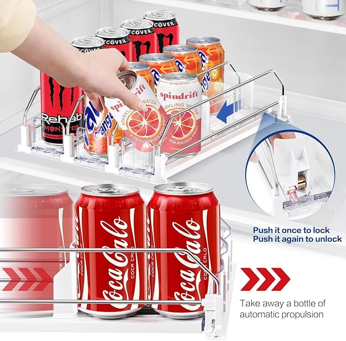 Drink Organizer for Mini Fridge, Automatic Pusher Drink Dispenser for Refrigerator, Soda Can Organizer for Beer Beverage, Holds up to 16 Cans 4Row (Depth12.2 xWide13.4)
