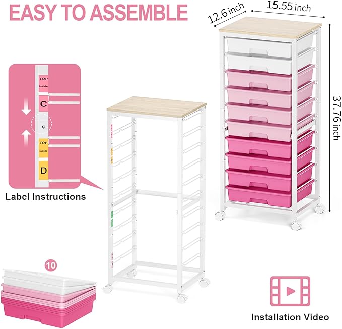 Rolling Cart with Drawers,10 Drawer Rolling Cart,Storage Cart,Utility Cart,Teacher Cart for Classroom Storage,Craft Cart with Wheels and Wooden Tabletop,Pink