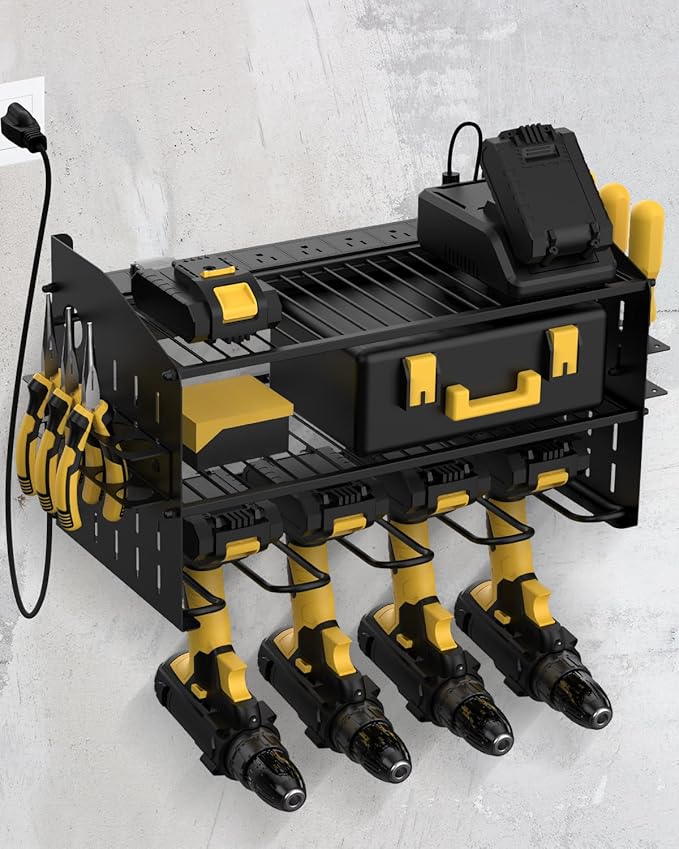 Power Tool Charging Station - 3 Layer Wall Mount Power Tool Organizer with Charging Station for Power Drill, 6AC Outlets, Great as Heavy Duty Tool Rack & Tool Holder for Garage Organization