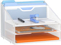 Letter Tray Organizer, Mesh Desk File Organizer with 3 Paper Trays and 2 Vertical Upright Section (White)