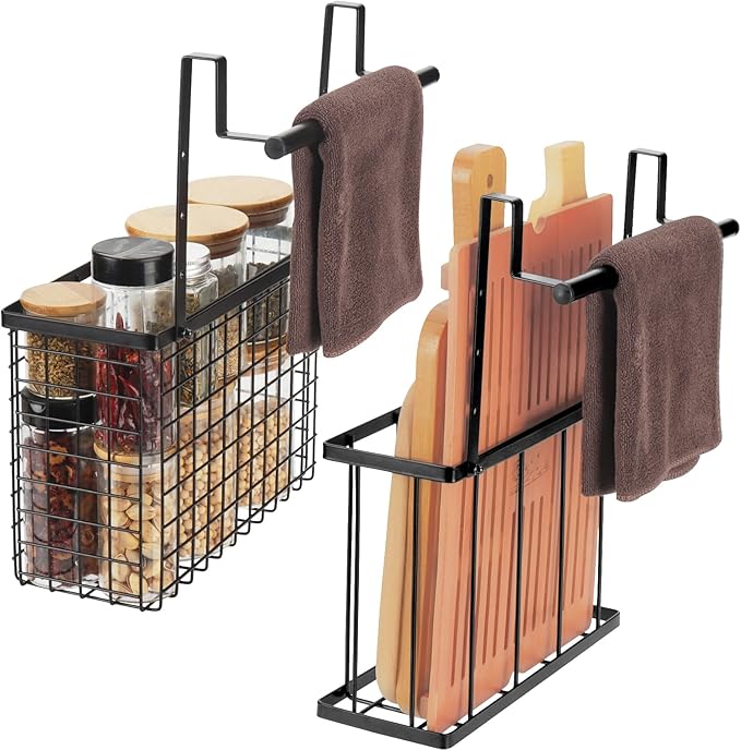 2 Pack Cabinet Door Organizer,Over The Cabinet Door Organizer with Towel Bars,Hang Over Cabinet Door Storage, Kitchen Cabinet Door Organizer for Cutting Board, Baking Sheet, Foil, Plastic Wrap