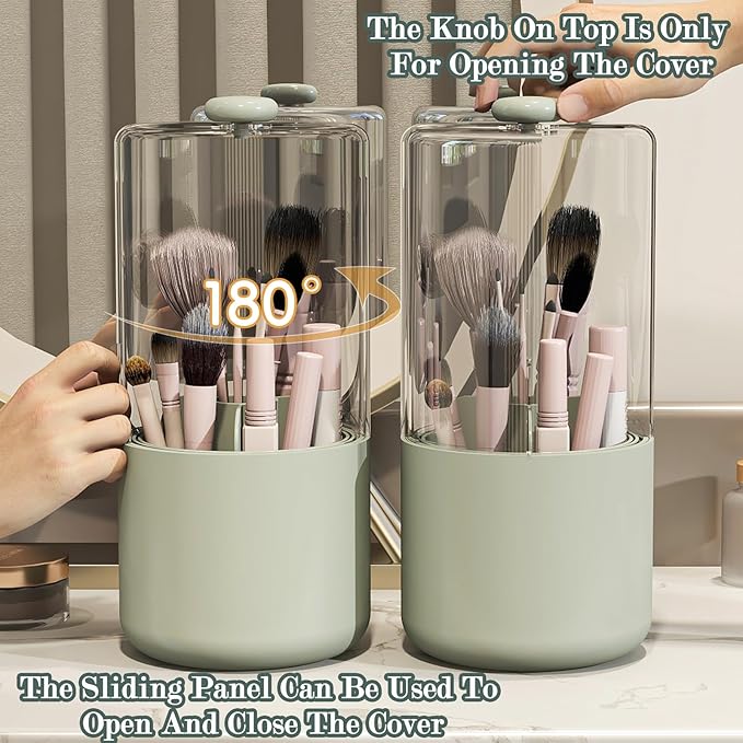 Makeup Brush Holder with Dustproof Cover, Clear 360 Rotating Make Up Brushes Organizer for Counter Vanity Bathroom, Sage Green