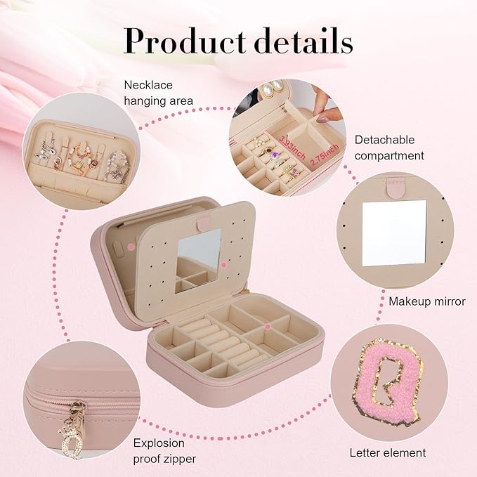 TopPerfekt Travel Jewelry Case, Jewelry Box with Mirror, Jewelry Organizer Bridal Shower Gifts to Her, Earring Storage Travel Case, Trendy Gift for Women and Girls, Girlfriend-Letter Q, Pink
