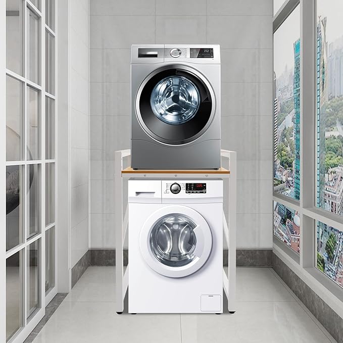 Washer Dryer Stacking Rack Stand, Heavy Duty Washing Machine Shelf with Adjustable Design, Load Capacity 660 lbs, Washer&Dryer Storage Shelf for Kitchens, Bathrooms, Laundry Rooms (White+Yellow)