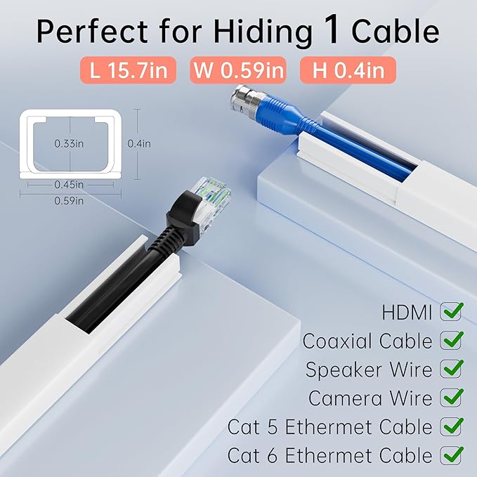 Yecaye PVC Wire Covers for Cords on Wall, One-Cord Cable Concealer Kit, Paintable Cable Raceway Management, Cord Hider, Max for 2 Small Cords for Home Office, W0.59in H0.4in