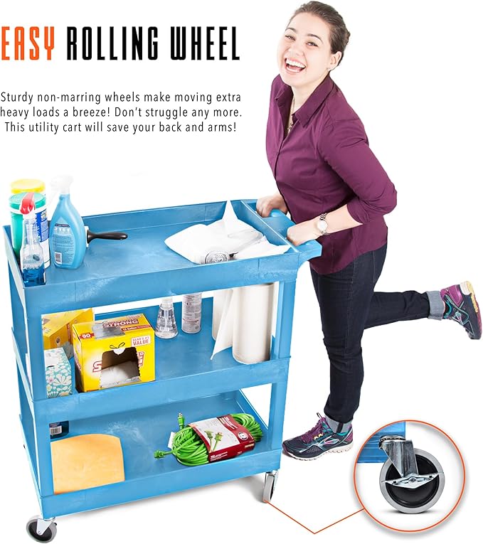 Stand Steady Tubstr 3 Shelf Utility Cart | Made in USA | Heavy Duty Tub Cart Holds Up to 300 lbs. | Storage Cart & Rolling Tool Cart for School, Office, Garage & Warehouse (32 x 24in / Blue)