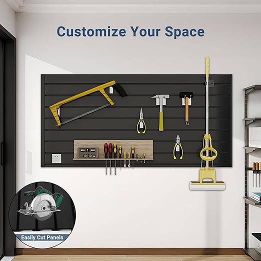 4FT x 2FT Black PVC Slatwall Panel, Modern Wall-Mounted Garage Storage System, 1 Shelf, 75 lbs Weight Capacity