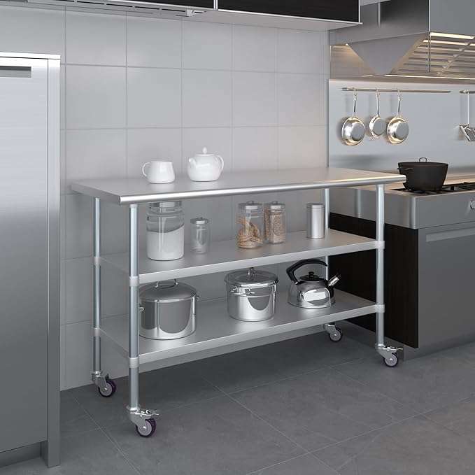 AmGood Stainless Steel Work Table with 2 Shelves and Casters | Metal Utility Table On Wheels (Stainless Steel Work Table with 2 Shelves + Casters, 60" Long x 24" Deep)
