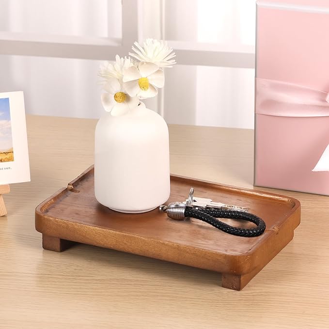 Wood Riser Small Decorative Tray Sink Soap Dish, Vanity Tray Pedestal Stand 9 x 5.9 inches (Light Brown)