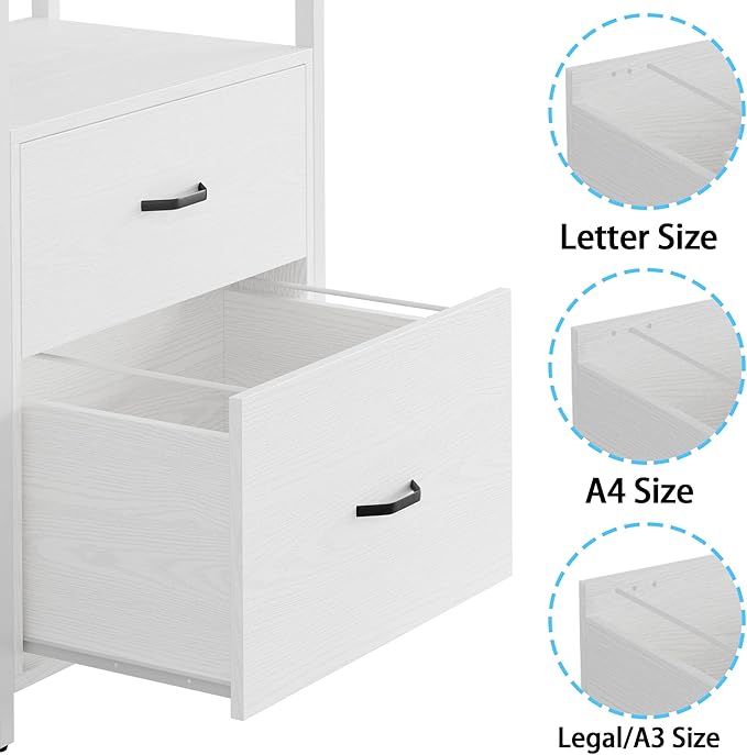 IRONCK Industrial Bookcase with File Cabinet Drawers, 71.6 in Tall Bookshelf 5 Tier, Freestanding Storage Home Office Cabinet Organizer, Rustic Home Decor, White
