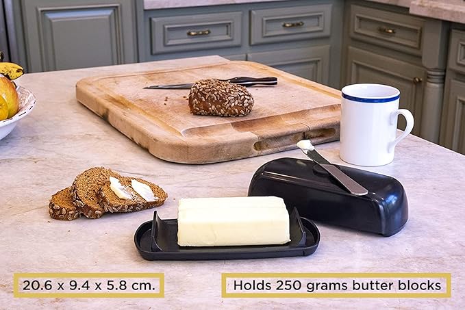 Butter Hub Extra Large Butter Dish with Lid and Knife, European Size Magnetic Butter Keeper, Easy Scoop, No Mess Lid, Plastic, Dishwasher Safe (Black)
