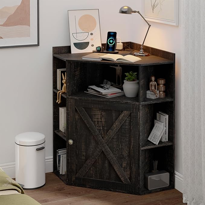 Vabches Corner Cabinet, Corner Storage Shelf with USB Ports and Outlets Industrial Organizer for Small Space Wooden 6-Cubby Bookshelf for Study, Playroom, Living Room (Dark Rustic Oak)