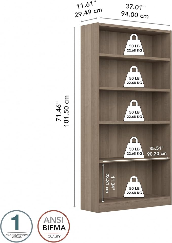 Bush Furniture Universal Tall 5 Shelf Bookcase in Ash Gray, Vertical Storage and Display Bookshelf for Home Office or Living Room Organization