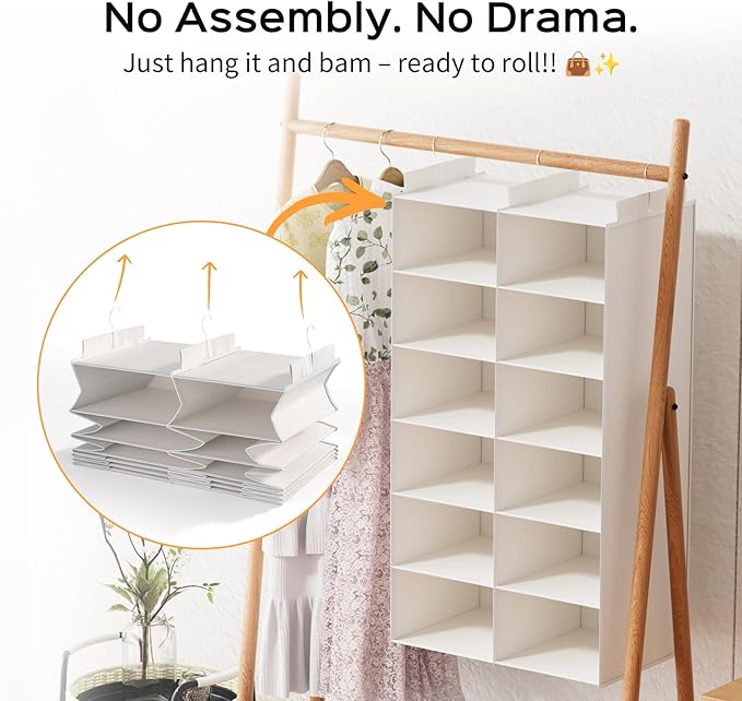 Dual-Row Hanging Closet Organizer – Foldable Clothes Storage Shelves with 3 Hooks, Space-Saving Wardrobe Organizer for Dorm Rooms, Bedroom or Closet (White, 6 Tier)