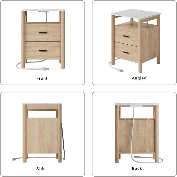Night Stand with Charging Station, 20" Large Modern Nightstand with Faux Marble Top, 2 Drawers End Table with Solid Round Post Legs & Open Shelf for Bedroom, Natural Oak