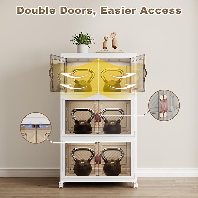 SAILUN 135QT Stackable Storage Bins with Lid, Collapsible Storage Bins With Doors and Wheels, Folding Plastic Cabinet Containers for Home Kitchen Closet Organization, 3 Pack