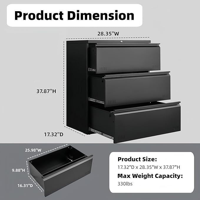 Metal File Cabinet with Lock, 3 Drawer Lateral File Cabinets for Home Office, Heavy Duty Office Storage Cabinet for A4/Letter/Legal Size, Assembly Required(Black)