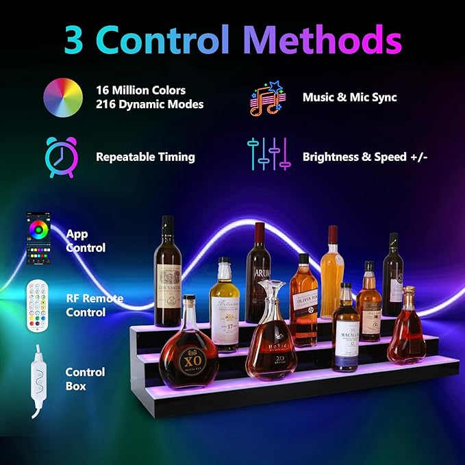 Led Lighted Liquor Bottle Display Shelf, 40 Inch 3 Tier Whiskey Rack, Support USB, Bar Stand with RF Remote & App Control, Illuminated Acrylic Lighting Shelves for Home Bar, Party