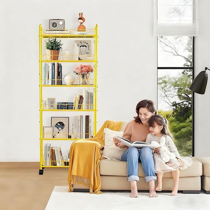 6-Tier Slim Storage Cart with Wheels,6in Narrow Rolling Shelf,Sturdy Slim Storage Ideal for Kitchen, Bathroom, and Laundry Room, Yellow