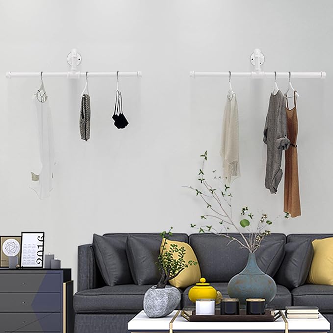 Industrial Pipe Clothes Rack Floating DIY Wall Mounted, Heavy Duty Rustic Vintage Clothing Rod, Metal Garment Bar Space-Saving Hanging for Bedroom, Bathroom and Laundry Room (White 20 inch)