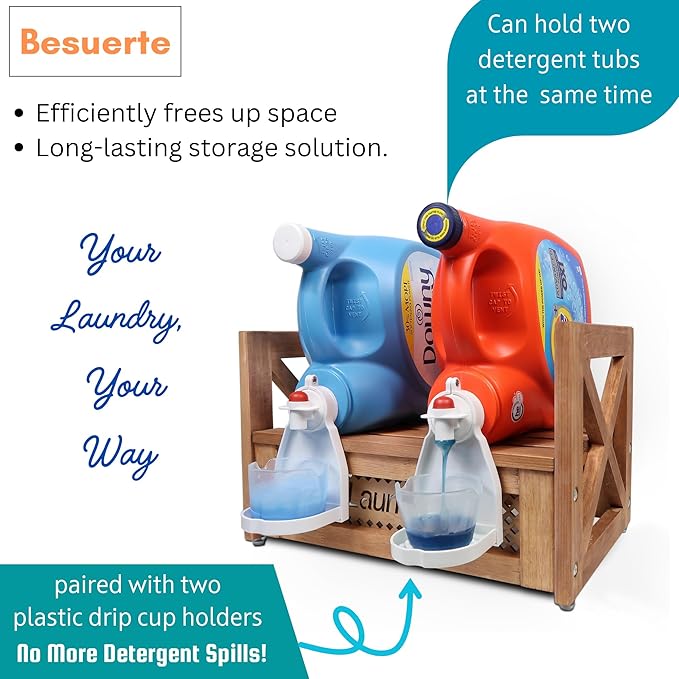 Farmhouse Wooden Laundry detergent stand - Besuerte Detergent Holder Station Shelf for Laundry Room - Laundry Organizers and Storage-Liquid Detergent Dispenser Holds Two Tubs, Brown